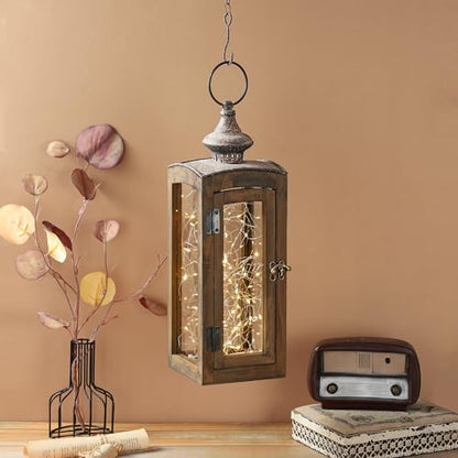 5"x15" Wooden Dome Lantern Made of Solid Fir Wood and Real Glass in Rustic Brown Finish with Rustic Metal Top, Hurricane Lantern, Farmhouse (5“x5) - color: Brown, size: 5“x5"