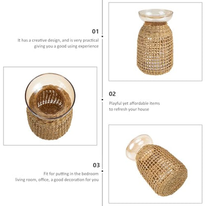 Ipetboom Rattan Cover Small Glass Flower Vase Amber Inner Bottle Decorative Straw Holder for Desktop Flower Arrangement Home Living Room Décor