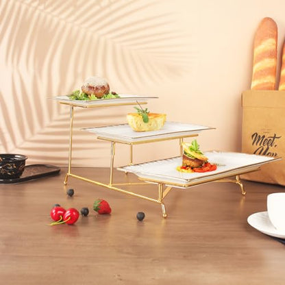 3-Tier Serving Rack with Ceramic Serving Tray, Foldable Gold Stand with 3 Pieces 10.2"/11.8"/13.8" Gold Rim Large Plates for Food Display, Fruit, Dessert Server Display and Entertaining - color: 3-tier 10.2"/11.8"/13.8" Serving Rack