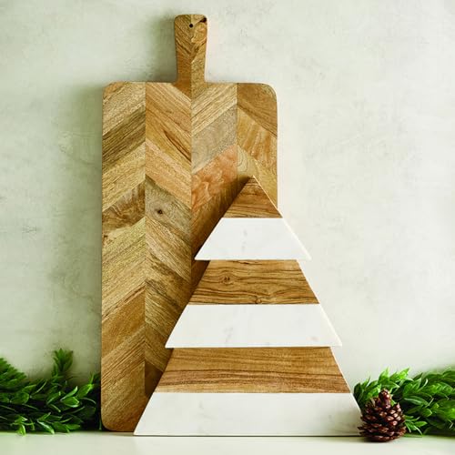 Santa Barbara Design Studio Wood and Marble Christmas Tree Shaped Charcuterie Cheese Tray, 15" x 13" - size: 15" x 13" x 1"