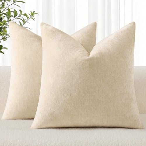 decorUhome Soft Chenille Beige Throw Pillow Covers 20X20 Set of 2 | Decorative Fall Couch Pillow Covers Solid Dyed Accent Modern Farmhouse Neutral Square Pillow Cases for Sofa - color: Beige, size: 20" x 20" (Pack of 2)