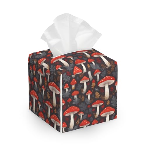 Tissue Box Cover,Retro Wild Mushrooms Leather Tissue Holder Organizer Portable Square Decorative Facial Paper Case for Home Office Bathroom Vanity Countertop - color: Retro Wild Mushrooms