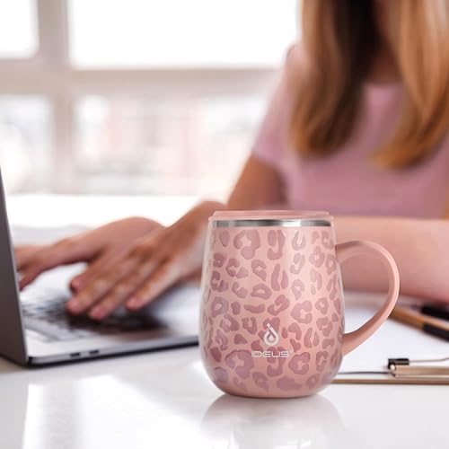 Ideus 16 oz Insulated Coffee Mug with Handle and Lid, Double Wall Stainless Steel Vacuum Thermal Coffee Mug, Travel Coffee Cup Thermal Cup for Home and Office (Leopard Pink, FUJI DAWN) - color: Leopard Pink