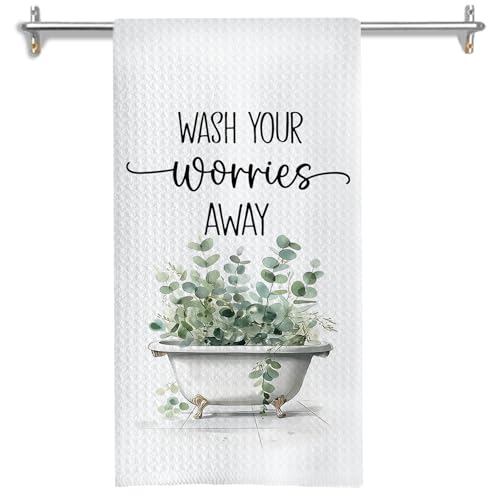 Botanical Bathroom Decor Hand Towels, Wash Your Worries Away Sage Green Eucalyptus Leaves Hand Towels for Bathroom Washroom Restroom Toilet Decor, 16x24 Inches - color: Wash Bathroom C