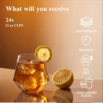 BESTSTAR 48 Pack Clear Plastic Wine Glasses Set BPA-Free Shatterproof | 24 9 OZ Stemless Champagne Flutes & 24 12OZ Diamond Wine Whiskey Glasses, Clear Drinkware for Weddings, Parties & Events - color: Clear Diamond