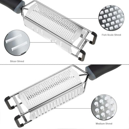 3-in-1 Lemon Zester & Cheese Grater, 304 Stainless Steel, 12-Inch, Black | Three Blade Surfaces for Fine Zesting, Coarse Grating and Slicing, 304 Stainless Steel, Non-slip TPE Handle, Dishwasher Safe - color: M-Black