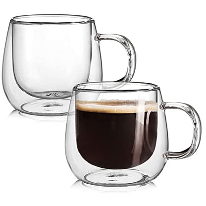 Double Wall Glass Coffee Mugs 16oz Set of 2 Insulated Clear Tea Cups with Handle, Perfect for Espresso, Latte and Cappuccinos - color: 16OZ-SET OF 2