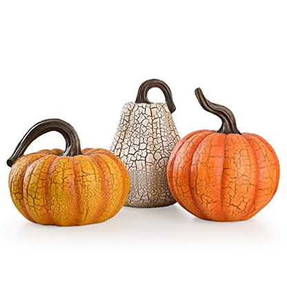 Valery Madelyn Fall Pumpkin Table Decor Cracked Pumpkin Figurine Fall Decoration for Home, 3pcs Resin Autumn Harvest Thanksgiving Halloween Party Tabletop Centerpieces, 6.7 inch - size: Large
