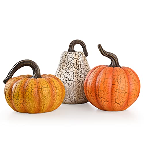 Valery Madelyn Fall Pumpkin Table Decor Cracked Pumpkin Figurine Fall Decoration for Home, 3pcs Resin Autumn Harvest Thanksgiving Halloween Party Tabletop Centerpieces, 6.7 inch - size: Large