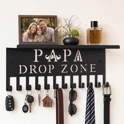 Key Holder for Father - Wall Mounted Organizer with PAPA Design for Father's Day & Birthday, Metal Storage Shelf with 12 Hooks for Entryway, Hallway, Office
