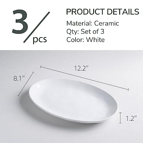 Ceramic Serving Platters, 12" White Serving Dishes, Dinner Plates, Set of 3 | Magclay Large Oval Serving Plates for Dessert Appetizers Meat/Entertaining/Party, White - color: White