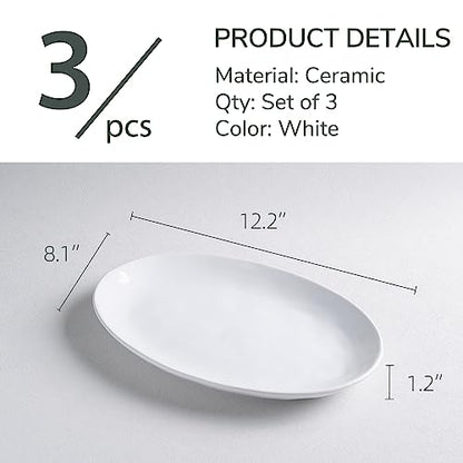 Ceramic Serving Platters, 12" White Serving Dishes, Dinner Plates, Set of 3 | Magclay Large Oval Serving Plates for Dessert Appetizers Meat/Entertaining/Party, White - color: White