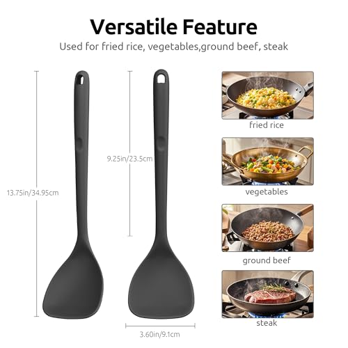 U-Taste 7+9+12 inch 600ºF Heat Resistant Silicone Kitchen Tong Set of 3 and 600ºF Heat Resistant 13.76" Long, 3.63" Wide Wok Spatula for Kitchen Stir Fry (Black)