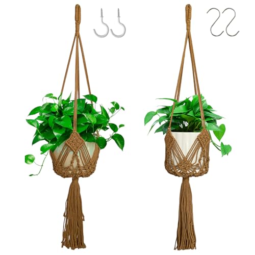 Hanging Planter with Patterns,2Pcs Macrame Plant Holder Rope with S Shaped Hooks,Indoor Macrame for up to 8 inch Pot Crochet,Boho Plant Hanger Holder for Indoor Outdoor - color: Coffee