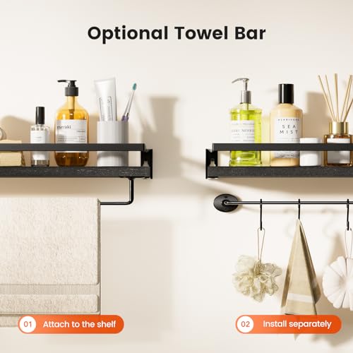 Amada Bathroom Shelves with Towel Bar, Set of 2, Black | Floating Shelves with Detachable Towel Bar, Protective Metal Guards, Paulownia Wood, Bathroom, Living Room & Kitchen Storage - color: Black