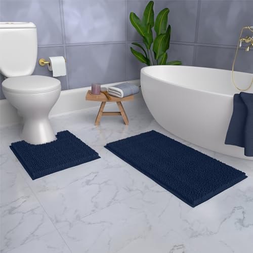 LuxUrux Bathroom Rugs Sets 2 Piece: Quick Dry, Soft Plush Anti-Slip, Super Absorbent. Includes Rectangular (31x20 inches) & U-Shaped Toilet Mat (20x20 inches) | Navy - color: Navy, size: 2 Piece Set