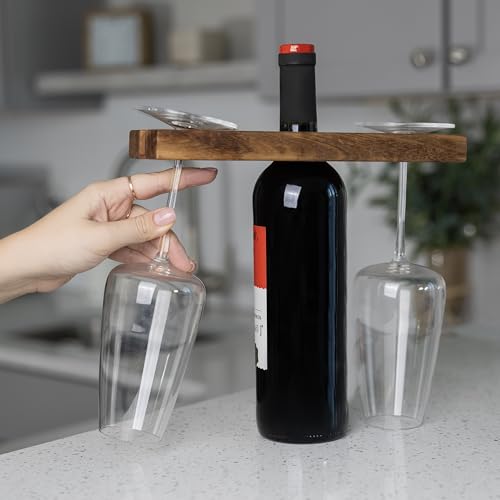 Ironwood Gourmet Acacia Wood Wine Glass Holder for Wine Bottles, Holds 2 Wine Glasses - size: 1 Bottle and 2 Glasses