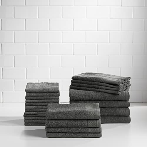 Baltic Linen Multi Count 100% Cotton Towel Set - 4 Bath Towels, 4 Hand Towels, 4 Fringed Fingertips, 12 Washcloths Gunmetal 24-Piece Set - color: Gunmetal, size: 4 Bath Towels, 4 Hand Towels, 4 Fringed Fingertips, 12 Washcloths