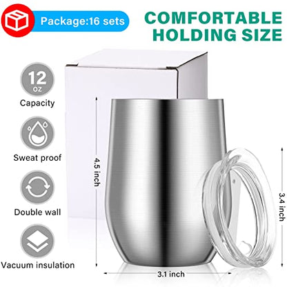 Remagr 16 Pack Stainless Steel Wine Tumblers 12 oz Insulated Vacuum Wine Cup Set Double Wall Stainless Steel Stemless Mug Glasses for Coffee Soda Whiskey Outdoor Travel (Silver) - color: Silver
