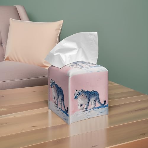 Snow Leopard Art PU Leather Tissue Box Cover 5.2 in | Snow leopard art design; 5.2-inch square PU leather tissue box cover with hand-stitched style and removable liner. - color: Snow Leopard