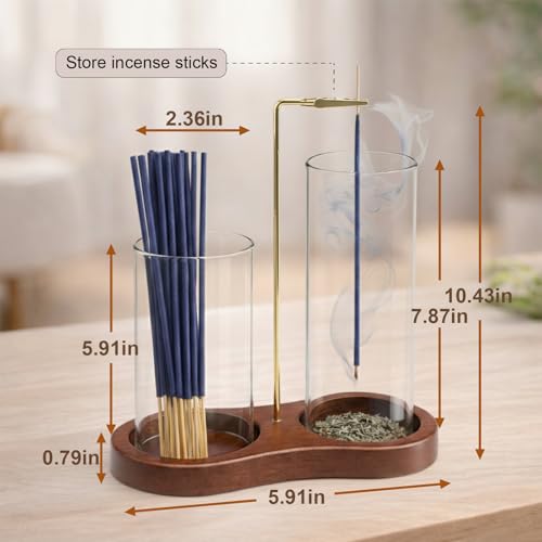 2-in-1 Incense Holder with Glass Ash Catcher & Stick Storage, Wooden Incense Burner for Relaxation, Stress Relief, Mess-Free Home Use, Self-Care, Meditation, Yoga, Bedroom & Living Room (Retro) - color: Retro