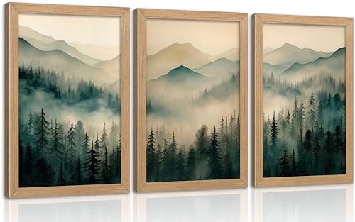 Framed Misty Mountain Forest Wall Art Set, Mordern Calming Pine Forest Oil Painting Canvas Prints, Smoky Mountain Landscape Wall Decor, Green Natural Scenery Poster for Living Room Bedroom Office - color: Misty Mountains, size: 16"Lx12"W