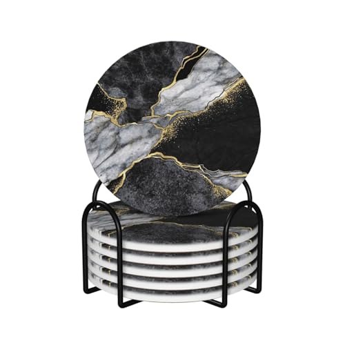 Black Grey Gold Marble 6 Pcs Ceramic Coaster Set with Holder/Absorbent Cork Abstract Luxury Modern Golden Dark Black Gray Marbled Round Cup Drink Coasters Set for Coffee Table Bar Wine Beer Protect - color: Black Gray Gold Marble, size: Round