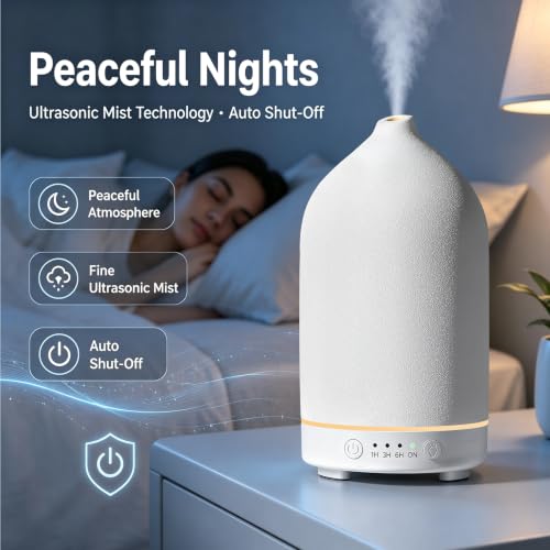 200ML Ceramic Essential Oil Diffuser for Home, Stone Diffuser | Ultrasonic Aromatherapy Diffuser & Air Humidifier for Bedroom, Office, Yoga, 7 LED Lights, Auto Shut-Off, 3 Timers, White - color: White