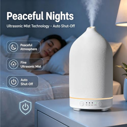 200ML Ceramic Essential Oil Diffuser for Home, Stone Diffuser | Ultrasonic Aromatherapy Diffuser & Air Humidifier for Bedroom, Office, Yoga, 7 LED Lights, Auto Shut-Off, 3 Timers, White - color: White
