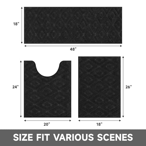 Bsmathom 3 Piece Bathroom Rug Sets, Non Slip Microfiber Bath Mat, Black | Plush Water Absorbent Bath Rug Sets with U-Shaped Contour Toilet Mat, Machine Washable Carpet for Bathroom Sink, Shower - color: Black