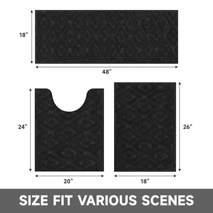 Bsmathom 3 Piece Bathroom Rug Sets, Non Slip Microfiber Bath Mat, Black | Plush Water Absorbent Bath Rug Sets with U-Shaped Contour Toilet Mat, Machine Washable Carpet for Bathroom Sink, Shower - color: Black