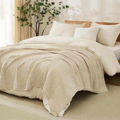 EMME Cotton Blanket Queen Size for Bed Soft Muslin Bed Blankets 90"x90" Beige Lightweight Breathable Bedspread Coverlet All Season Gauze - color: 02 - Beige, size: Queen (90" x 90")