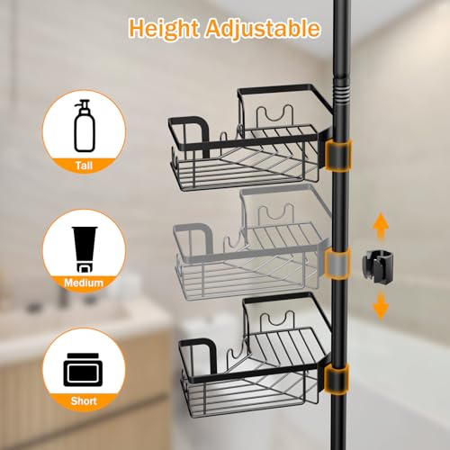 Corner Shower Caddy with Tension Pole, 4-Tier Rustproof Bathroom Organizer Shelves, No-Drill Adjustable Shower Storage Rack 42–115 Inches, Space-Saving Floor Standing Shower Organizer