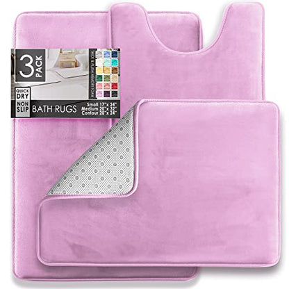 Clara Clark 3 Piece Bathroom Rugs Bath Mat Set, Velvet Memory Foam Bath Mats for Bathroom - Non-Slip, PVC Backing Bath Rugs, Washable - Dries Quickly, Lavender - color: Lavender Dream