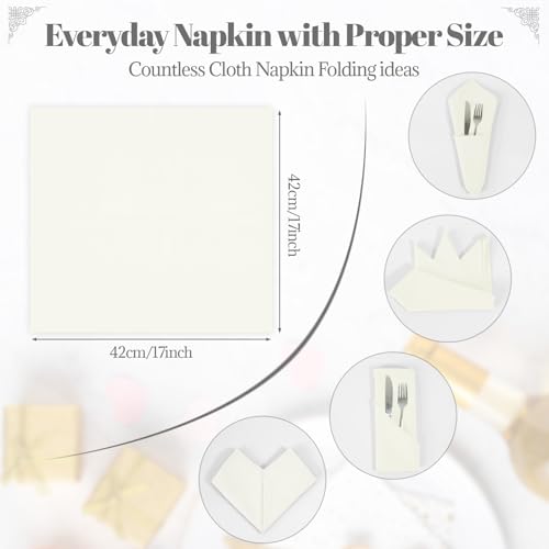 PLOYMONO Ivory Cloth Napkins - 8 Pack 17" x 17" Washable Polyester Napkins | Heavy Duty 180 GSM Cloth Napkins with Hemmed Edges - Great for Restaurants, Weddings, Parties, Banquets Dinner - color: Ivory
