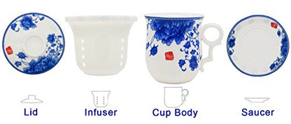 Porcelain Tea Cup with Infuser Lid and Saucer Sets - Chinese Jingdezhen Ceramics Coffee Mug Teacup Loose Leaf Tea Brewing System for Home Office - color: National Beauty Blue and White