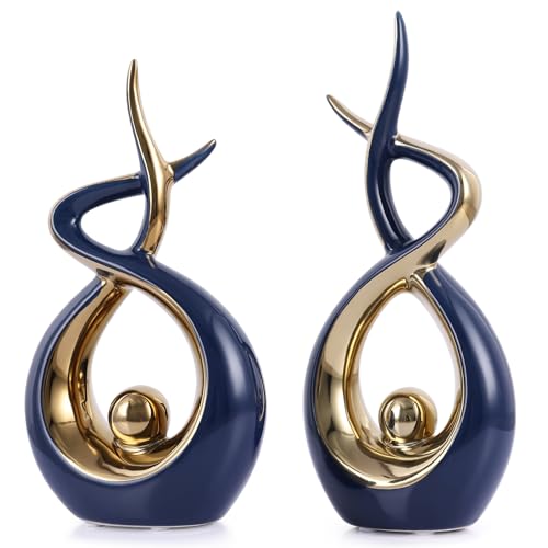 Gold Blue Abstract Ceramic Modern Sculpture, Knick Knacks Statues for Living Room, Shelf, TV Stand, Coffee Table, Dining Room, Office, Bedroom, Home Decor, Centerpiece, Great Gift Idea - color: Blue Gold