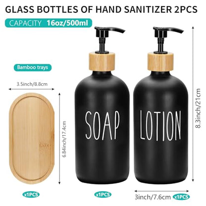 2 Pack 16 Oz Glass Soap Dispenser Set with Tray, Hand Dish Soap Dispenser Set for Bathroom and Kitchen Bottle Dispenser with Dish Soap, Hand Soap, Lotion (Black（Soap） Black (Lotion)) - color: Black（soap）black (Lotion)