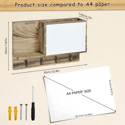 Rustic Mail and Key Holder wall Mount, Brown Solid Wood with Magnetic Whiteboard, 4 Hooks, Entryway Organizer