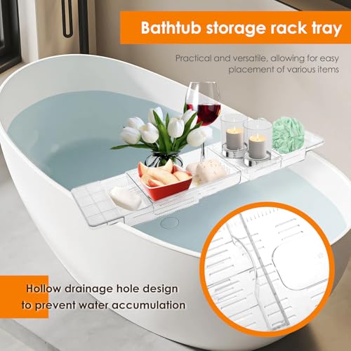 Expandable Bathtub Caddy Tray, 56.5cm to 80.5cm Adjustable Length Clear Bathtub Tray, Plastic Drain Bath Shelf Caddy, Nonslip Multifunctional Bathtub Storage Rack for Candle Towel Book