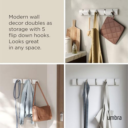 Umbra Flip Coat Rack, Wall Mounted 5-Hook Space Saving, White/Nickel | Real wood and steel build, retractable hooks fold flat, holds coats bags and scarves, easy install - color: White/Nickel, size: 5-Hook