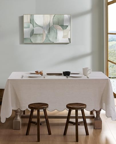 100% French Flax Linen Tablecloths Scalloped Embroidery Rectangle 132Lx60W Inch for Dinners, Parties, Spring, Machine Washable, 12-14 Sets, Linen(Edges-Green) - color: Linen(edges-green), size: 132" x 60" (Rectangular)