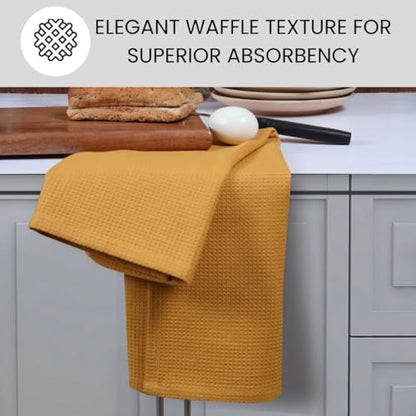 Waffle Kitchen Towels 100% Cotton Set of 4-320 GSM Quality - Soft Absorbent Durable Washable Dish Cleaning Towel for Kitchen & Home - Quick Drying Dish Towel 16x26 inch Mustard Yellow - color: Mustard Yellow