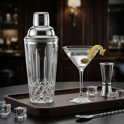 Cut Crystal Glass Cocktail Shaker - 15oz Lead-Free Crystal Shaker with Steel Strainer Lid - Premium Barware for Home Bartenders - Ideal for Mocktail, Espresso, Margarita, Martini Cocktails - color: Vertical Cut