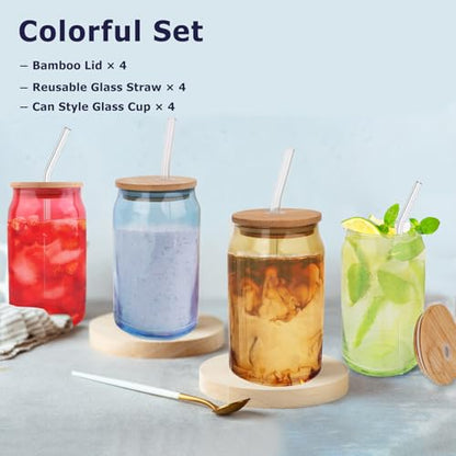 Lily's Home 16oz Glass Tumbler Set with Bamboo Lids and Straws, 4 Pack Multi-Color Glass Cups Drinking Glasses for Smoothies, Iced Tea, Beverages and Iced Coffee Cup with Lids and Straw, Drinking Jars
