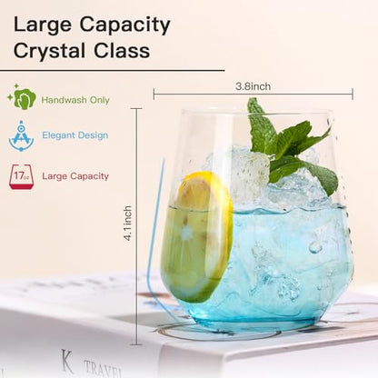 JOVGANK Blue Stemless Wine Glasses Set of 6 - Hand Blown White Red Stemless Wine Glass - 17 oz, [Lead-Free Crystal Glass] Large Short Glass Tumblers, Housewarming Gifts and Mother's Day Gift - color: Blue