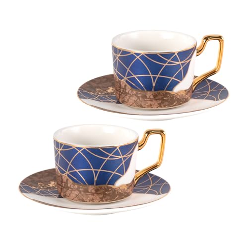 KAMMAK Tea Cups and Saucers Set of 2, Porcelain Coffee Cups, NX028 | Gold Rim, Stackable Espresso Mugs, Ceramic Demitasse for Coffee, Latte, Americano, Afternoon Tea, Elegant Gift for Women - size: 8CZNX028
