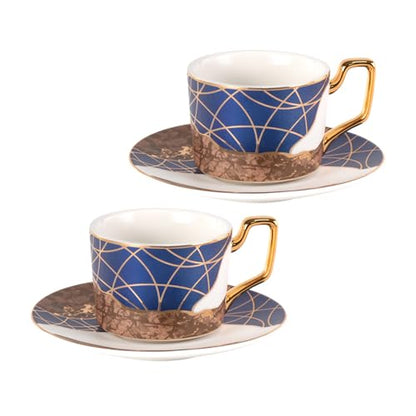 KAMMAK Tea Cups and Saucers Set of 2, Porcelain Coffee Cups, NX028 | Gold Rim, Stackable Espresso Mugs, Ceramic Demitasse for Coffee, Latte, Americano, Afternoon Tea, Elegant Gift for Women - size: 8CZNX028