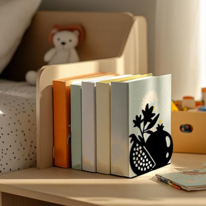 5.3"x4.3"x5.9" Metal Bookends, Heavy Duty Book Ends for Shelves | Pomegranate Theme Cast Iron Book Supports, 1 Pair Decor Stoppers for Desk, Library, Office & Home Shelves - style: Pomegranate