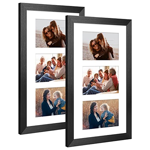 8x14 Collage Frame with 3 Openings 4X6 Pictures, Multiple Picture Frame with Mat, Wall or Tabletop Decor, Black Wood Grain,2 Pack - color: Black, size: 8x14-(3 open4x6)-2P